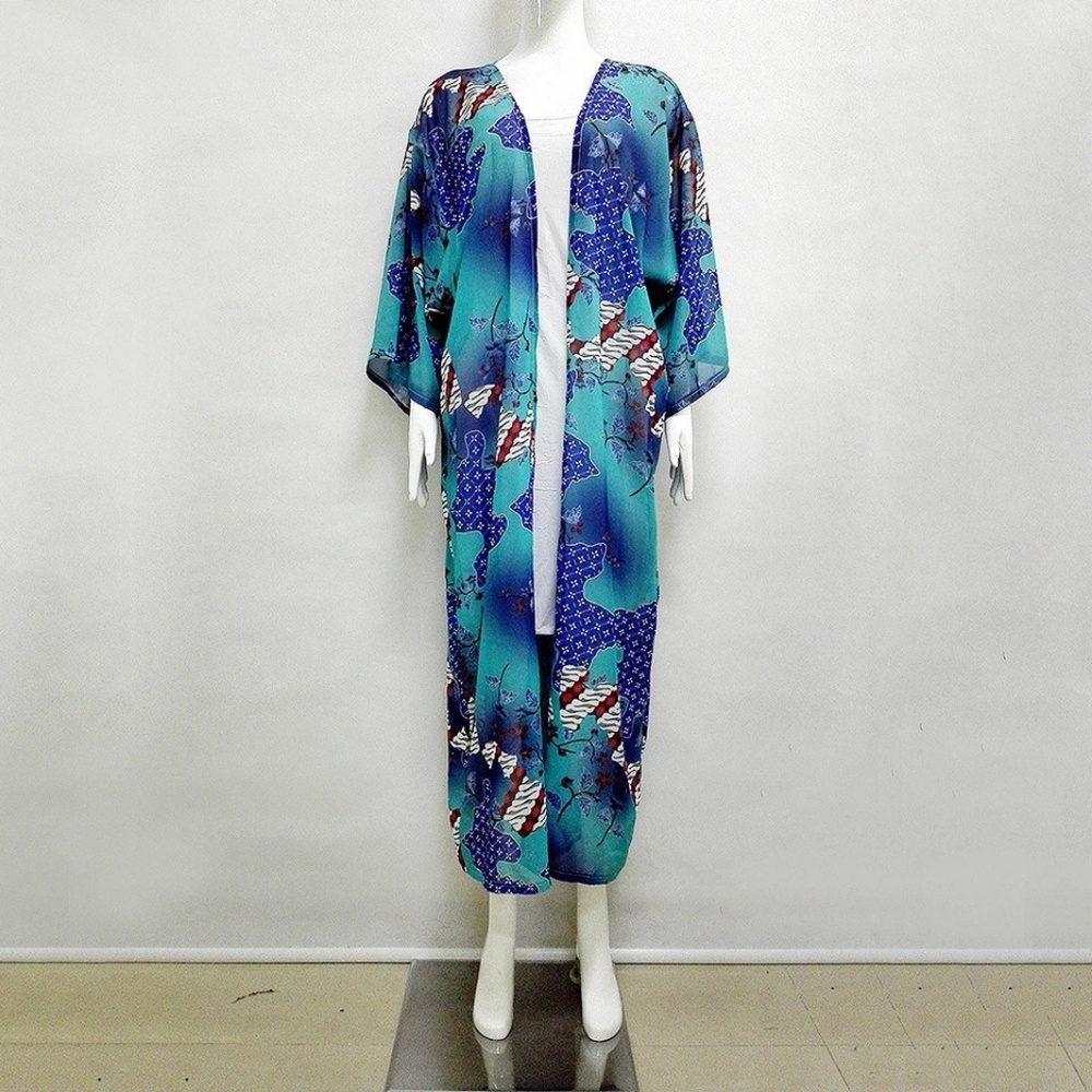 NEW Stunning Tribal Sakura Blue Floral Boho Kimono - Picture 6 of 8